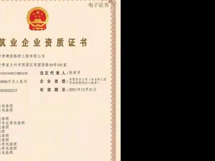 建筑業(yè)企業(yè)資質證書（公路路面工程專業(yè)承包叁級、地基基礎工程專業(yè)承包叁級、施工勞務不分等級、電力工程施工總承包叁級、城市及道路照明工程專業(yè)承包叁級、建筑工程施工總承包叁級、隧道工程專業(yè)承包叁級、公路工程施工總承包叁級、鋼結構工程專業(yè)承包叁級、市政公用工程施工總承包叁級、水利水電工程施工總承包叁級、公路路基工程專業(yè)承包叁級））